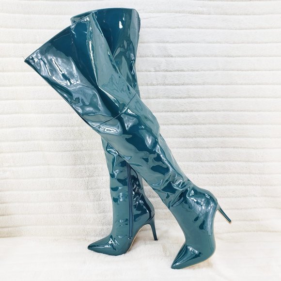 Mata Shoes Shoes - Bad Girlz Teal Green Patent Wide Top Thigh High Heel Boots
